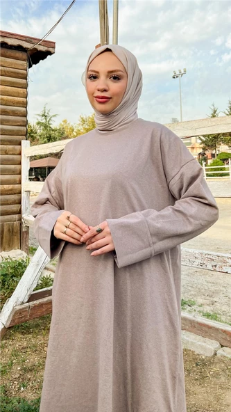 O Yaka Yırtmançlı Uzun Geniş Rahat Tunik Pantolon Sade Basic Spor Takımı - 03040.016 - Vizon - 7