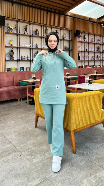 Kapşonlu Çıtçıtlı Sade Basic İkili Eşofman Spor Takımı - 03036.100 - Çağla Yeşili - Resim 3