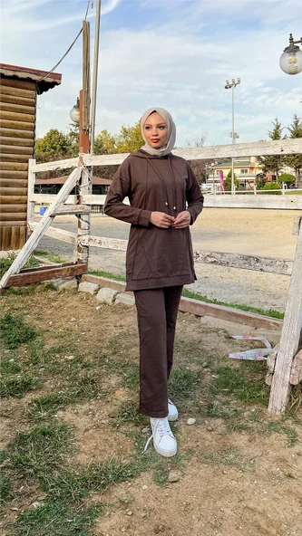 Kapşonlu O Yaka Sade Basic İkili Eşofman Spor Takımı - 03039.028 - Kahverengi - 3