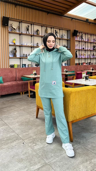 Kapşonlu Çıtçıtlı Sade Basic İkili Eşofman Spor Takımı - 03036.100 - Çağla Yeşili - Resim 4