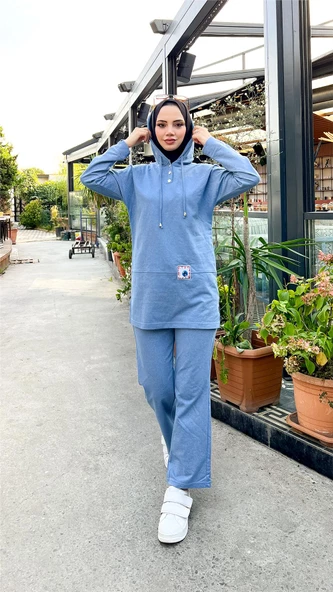 Kapşonlu Çıtçıtlı Sade Basic İkili Eşofman Spor Takımı - 03036.004 - Mavi