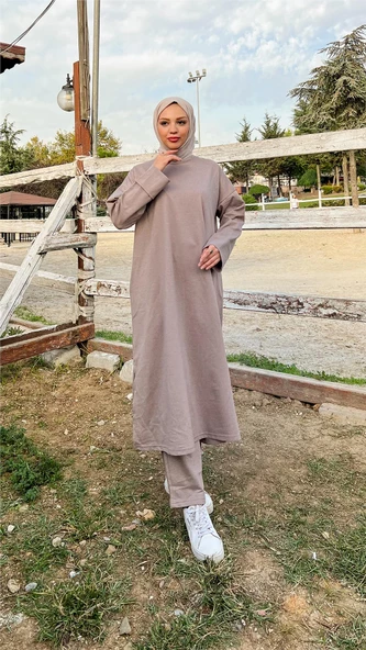 O Yaka Yırtmançlı Uzun Geniş Rahat Tunik Pantolon Sade Basic Spor Takımı - 03040.016 - Vizon - 2