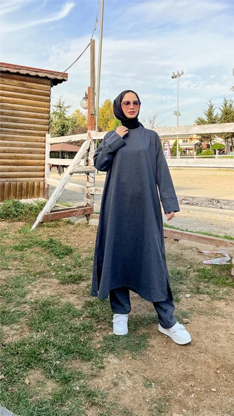 O Yaka Yırtmançlı Uzun Geniş Rahat Tunik Pantolon Sade Basic Spor Takımı - 03040.017 - Antrasit - 5