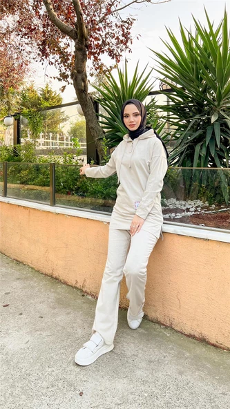 Kapşonlu Çıtçıtlı Sade Basic İkili Eşofman Spor Takımı - 03036.027 - Ekru - 4