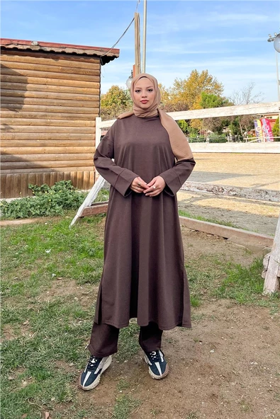 O Yaka Yırtmançlı Uzun Geniş Rahat Tunik Pantolon Sade Basic Spor Takımı - 03040.028 - Kahverengi - Resim 5