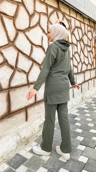 Kapşonlu Çıtçıtlı Sade Basic İkili Eşofman Spor Takımı - 03036.005 - Haki - 4