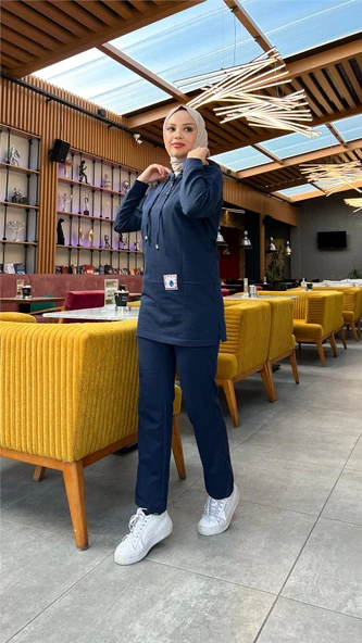 Kapşonlu Çıtçıtlı Sade Basic İkili Eşofman Spor Takımı - 03036.015 - Lacivert - Resim 7