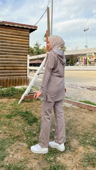 Kapşonlu Çıtçıtlı Sade Basic İkili Eşofman Spor Takımı - 03036.016 - Vizon - 9