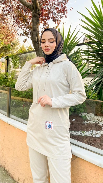 Kapşonlu Çıtçıtlı Sade Basic İkili Eşofman Spor Takımı - 03036.027 - Ekru - 7