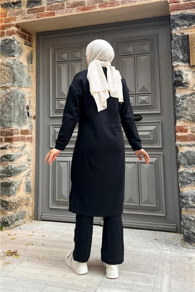 Bisiklet Yaka Fermuarlı Uzun Tunik Sade Basic Spor Takımı - 03044.003 - Siyah - Resim 5