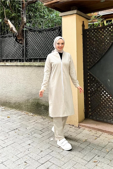 Bisiklet Yaka Fermuarlı Uzun Tunik Sade Basic Spor Takımı - 03044.027 - Ekru - 3
