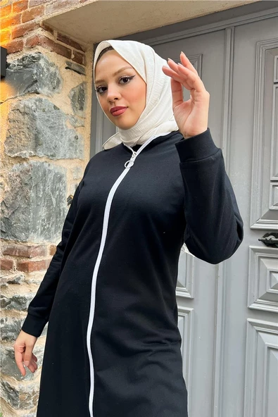 Bisiklet Yaka Fermuarlı Uzun Tunik Sade Basic Spor Takımı - 03044.003 - Siyah - Resim 6