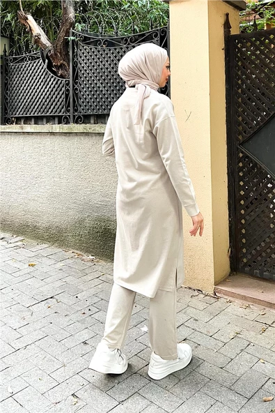 Bisiklet Yaka Fermuarlı Uzun Tunik Sade Basic Spor Takımı - 03044.027 - Ekru - 5