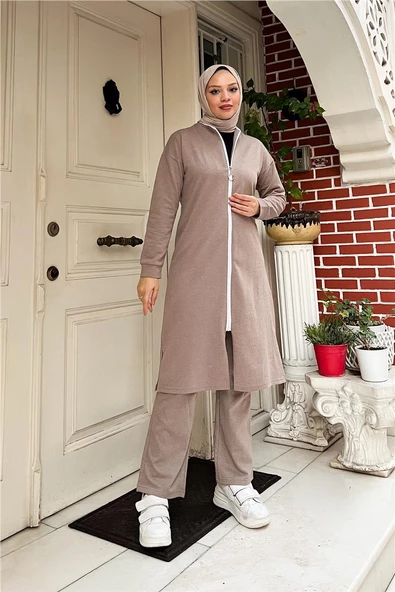 Bisiklet Yaka Fermuarlı Uzun Tunik Sade Basic Spor Takımı - 03044.016 - Vizon - 4