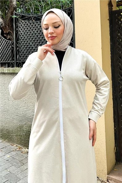 Bisiklet Yaka Fermuarlı Uzun Tunik Sade Basic Spor Takımı - 03044.027 - Ekru - 7