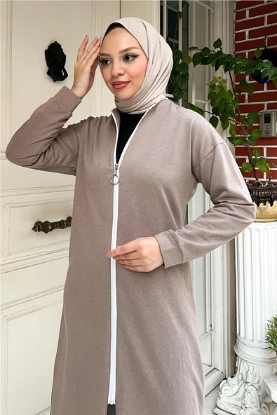 Bisiklet Yaka Fermuarlı Uzun Tunik Sade Basic Spor Takımı - 03044.016 - Vizon - 9