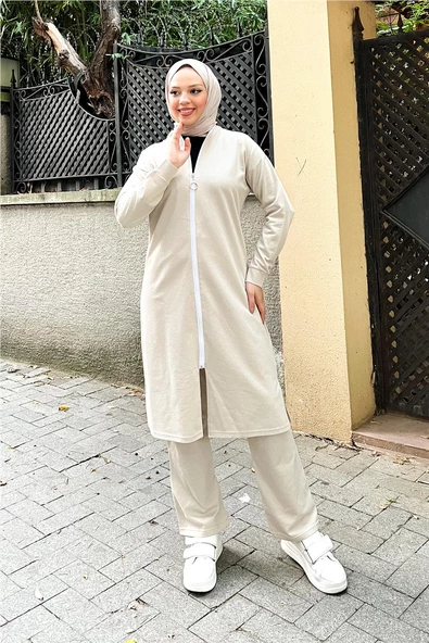 Bisiklet Yaka Fermuarlı Uzun Tunik Sade Basic Spor Takımı - 03044.027 - Ekru - 9