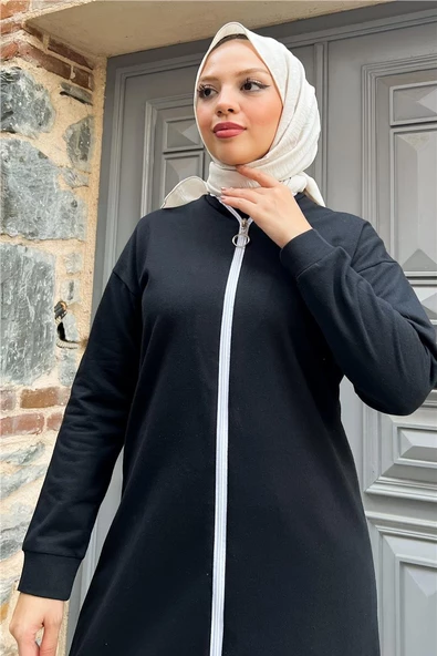 Bisiklet Yaka Fermuarlı Uzun Tunik Sade Basic Spor Takımı - 03044.003 - Siyah - Resim 7
