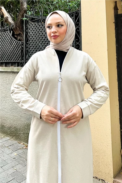 Bisiklet Yaka Fermuarlı Uzun Tunik Sade Basic Spor Takımı - 03044.027 - Ekru - 6