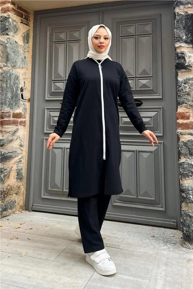 Bisiklet Yaka Fermuarlı Uzun Tunik Sade Basic Spor Takımı - 03044.003 - Siyah - Resim 2