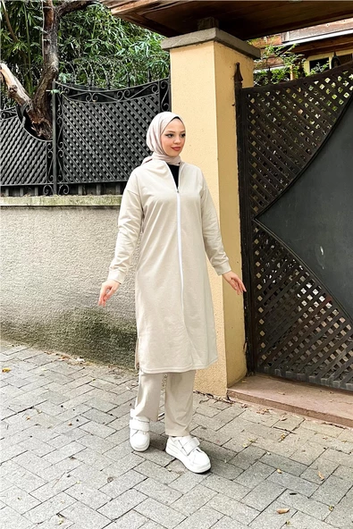 Bisiklet Yaka Fermuarlı Uzun Tunik Sade Basic Spor Takımı - 03044.027 - Ekru - 2
