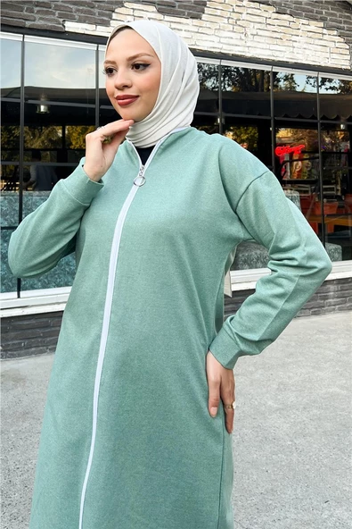 Bisiklet Yaka Fermuarlı Uzun Tunik Sade Basic Spor Takımı - 03044.100 - Çağla Yeşili - Resim 6