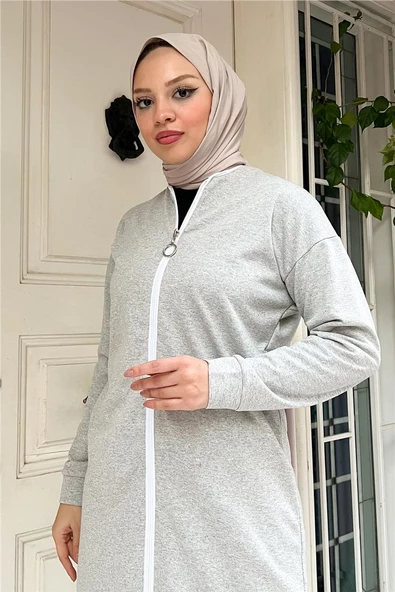 Bisiklet Yaka Fermuarlı Uzun Tunik Sade Basic Spor Takımı - 03044.008 - Gri - Resim 7