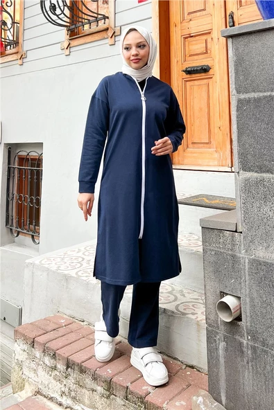 Bisiklet Yaka Fermuarlı Uzun Tunik Sade Basic Spor Takımı - 03044.015 - Lacivert - 2