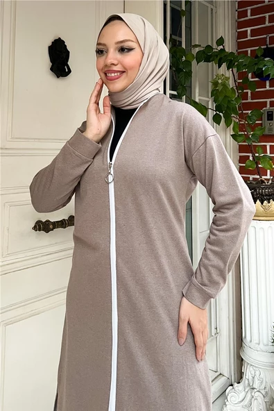 Bisiklet Yaka Fermuarlı Uzun Tunik Sade Basic Spor Takımı - 03044.016 - Vizon - 10