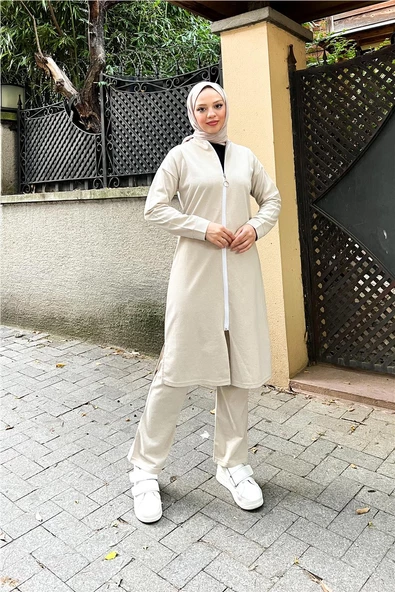 Bisiklet Yaka Fermuarlı Uzun Tunik Sade Basic Spor Takımı - 03044.027 - Ekru - 8