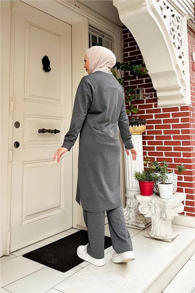 Bisiklet Yaka Fermuarlı Uzun Tunik Sade Basic Spor Takımı - 03044.017 - Antrasit - Resim 5