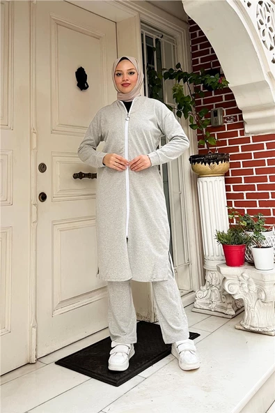Bisiklet Yaka Fermuarlı Uzun Tunik Sade Basic Spor Takımı - 03044.008 - Gri - Resim 2