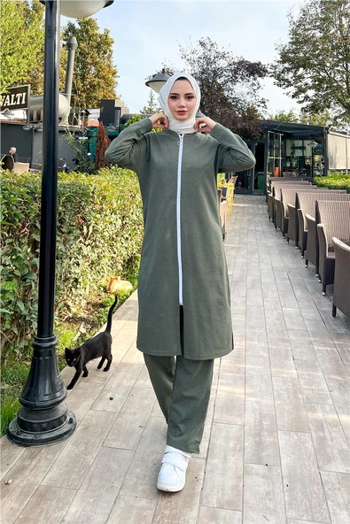 Bisiklet Yaka Fermuarlı Uzun Tunik Sade Basic Spor Takımı - 03044.005 - Haki ürün görseli