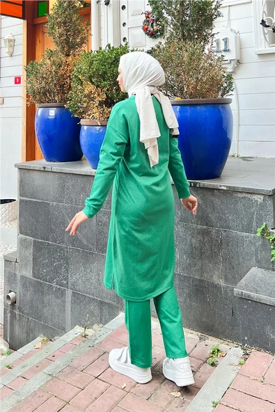 Bisiklet Yaka Fermuarlı Uzun Tunik Sade Basic Spor Takımı - 03044.111 - Beneton Yeşil - Resim 5