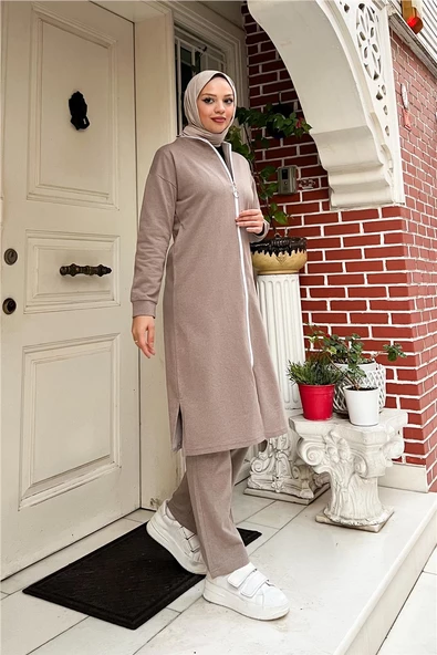 Bisiklet Yaka Fermuarlı Uzun Tunik Sade Basic Spor Takımı - 03044.016 - Vizon - 8