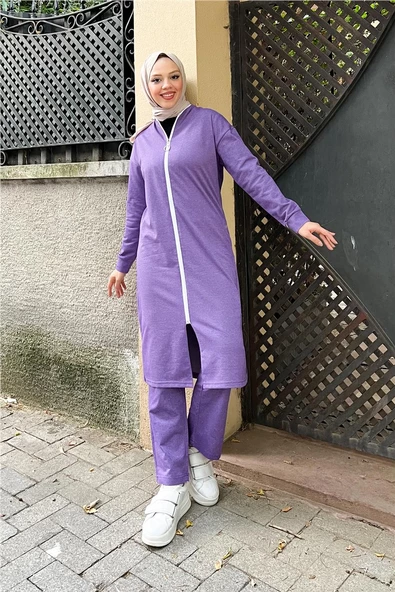 Bisiklet Yaka Fermuarlı Uzun Tunik Sade Basic Spor Takımı - 03044.207 - Koyu Lila - 5
