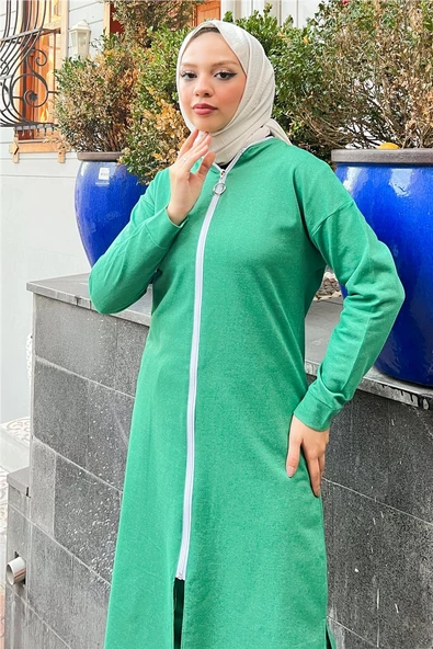Bisiklet Yaka Fermuarlı Uzun Tunik Sade Basic Spor Takımı - 03044.111 - Beneton Yeşil - Resim 6