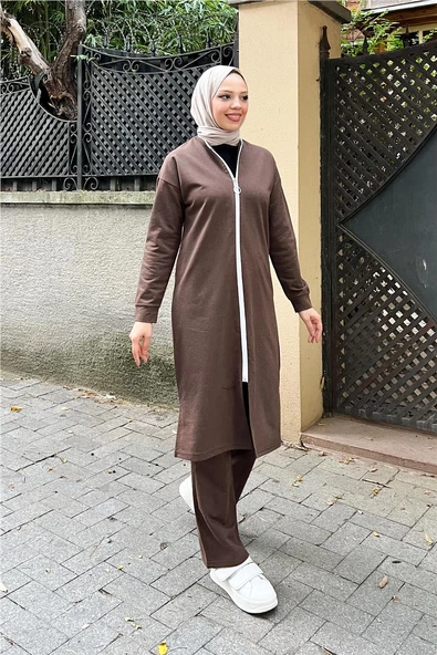 Bisiklet Yaka Fermuarlı Uzun Tunik Sade Basic Spor Takımı - 03044.028 - Kahverengi ürün görseli