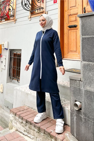 Bisiklet Yaka Fermuarlı Uzun Tunik Sade Basic Spor Takımı - 03044.015 - Lacivert - 4