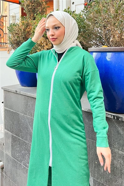 Bisiklet Yaka Fermuarlı Uzun Tunik Sade Basic Spor Takımı - 03044.111 - Beneton Yeşil - Resim 7