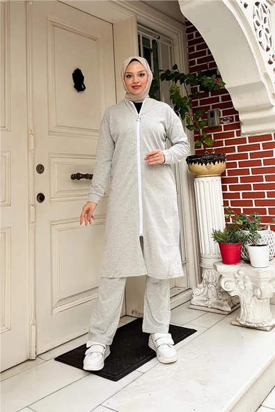 Bisiklet Yaka Fermuarlı Uzun Tunik Sade Basic Spor Takımı - 03044.008 - Gri ürün görseli