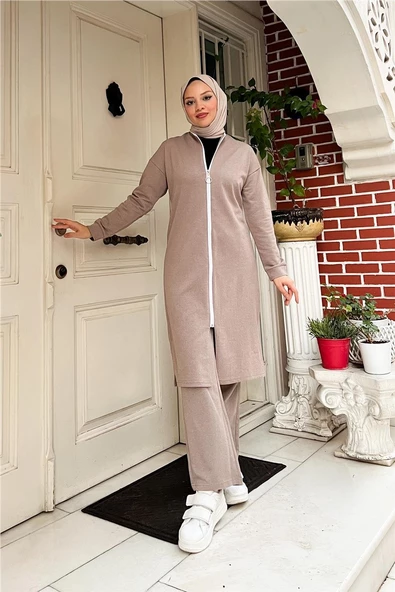 Bisiklet Yaka Fermuarlı Uzun Tunik Sade Basic Spor Takımı - 03044.016 - Vizon - 5