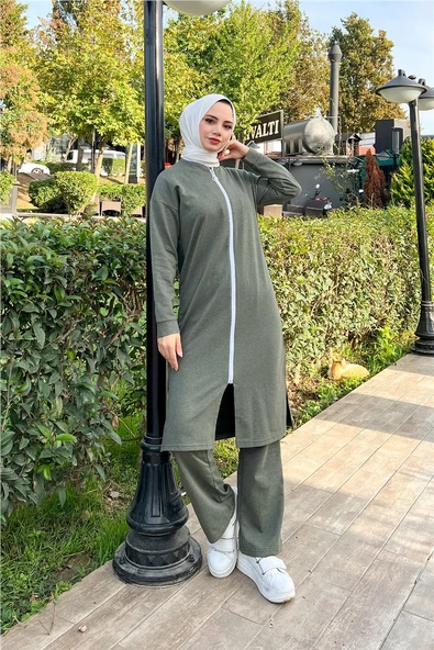 Bisiklet Yaka Fermuarlı Uzun Tunik Sade Basic Spor Takımı - 03044.005 - Haki - Resim 7
