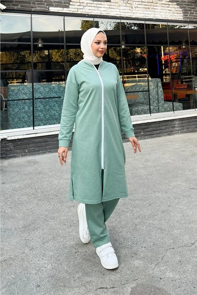 Bisiklet Yaka Fermuarlı Uzun Tunik Sade Basic Spor Takımı - 03044.100 - Çağla Yeşili - Resim 3