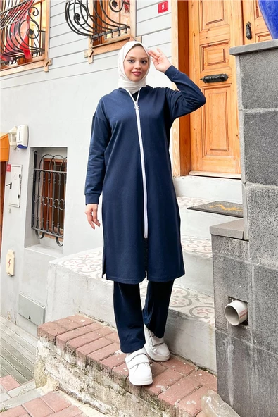 Bisiklet Yaka Fermuarlı Uzun Tunik Sade Basic Spor Takımı - 03044.015 - Lacivert - 3