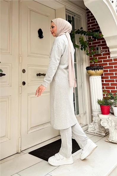 Bisiklet Yaka Fermuarlı Uzun Tunik Sade Basic Spor Takımı - 03044.008 - Gri - Resim 5