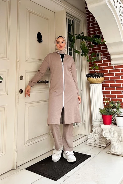 Bisiklet Yaka Fermuarlı Uzun Tunik Sade Basic Spor Takımı - 03044.016 - Vizon - 6