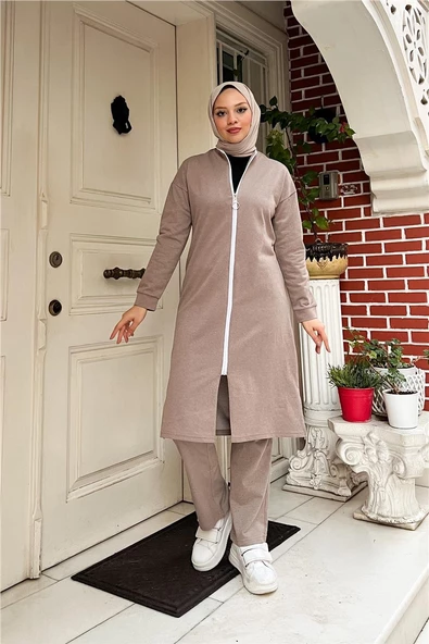 Bisiklet Yaka Fermuarlı Uzun Tunik Sade Basic Spor Takımı - 03044.016 - Vizon - 2