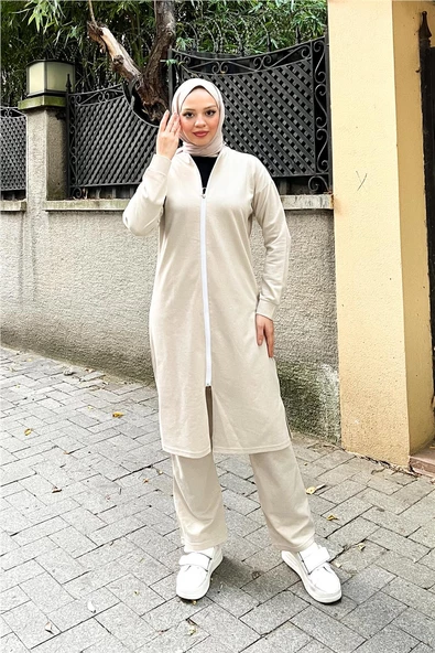 Bisiklet Yaka Fermuarlı Uzun Tunik Sade Basic Spor Takımı - 03044.027 - Ekru
