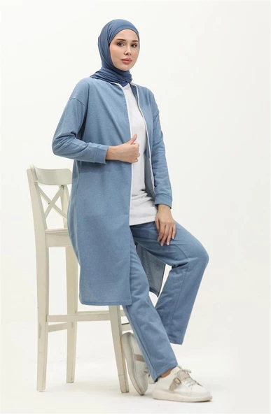 Bisiklet Yaka Fermuarlı Uzun Tunik Sade Basic Spor Takımı - 03044.004 - Mavi - 3